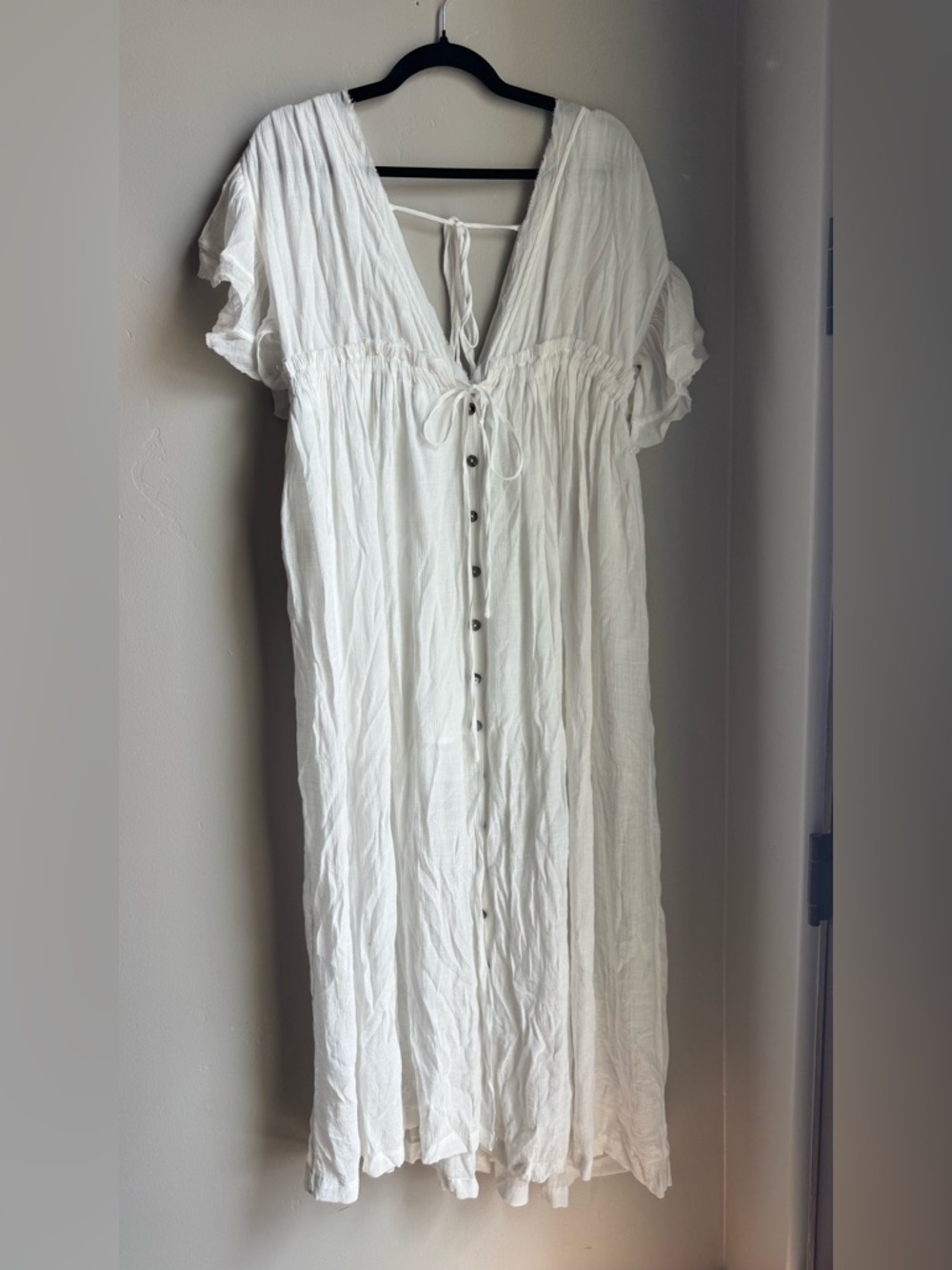 White Cottagecore Maxi Dress Ruffle Sleeve Boho Flowy S Resortwear Beach Comfy